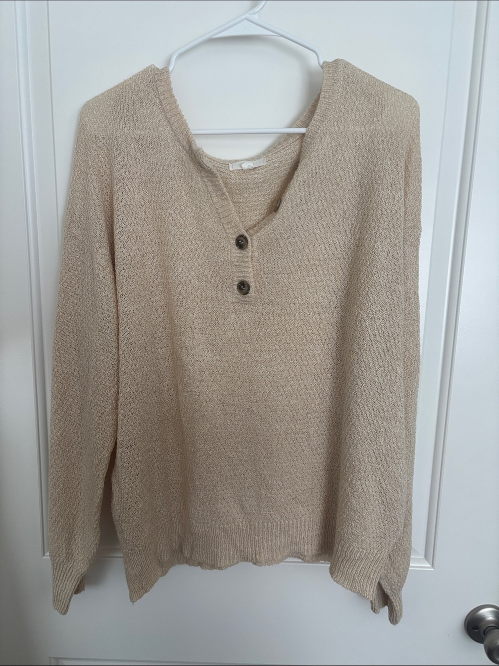 mine Beige V-Neck Button Henley Sweater